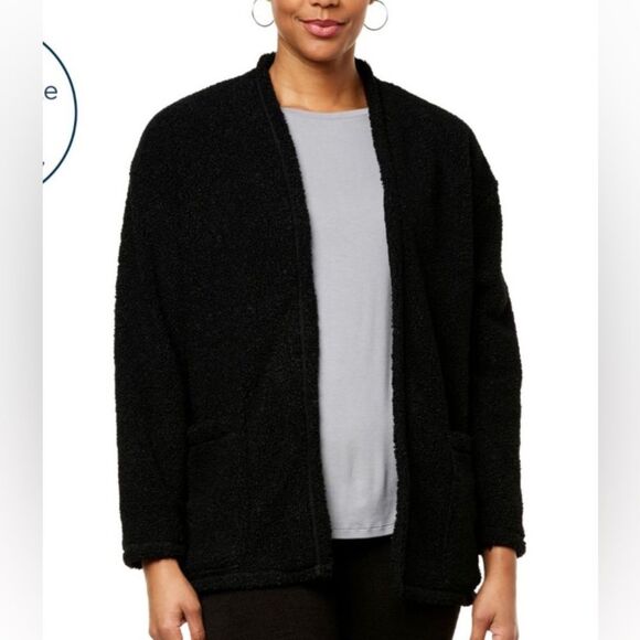 HUE Faux Sherpa Boucle Teddy Bear Open Front Cardigan Black 2X - Picture 1 of 11